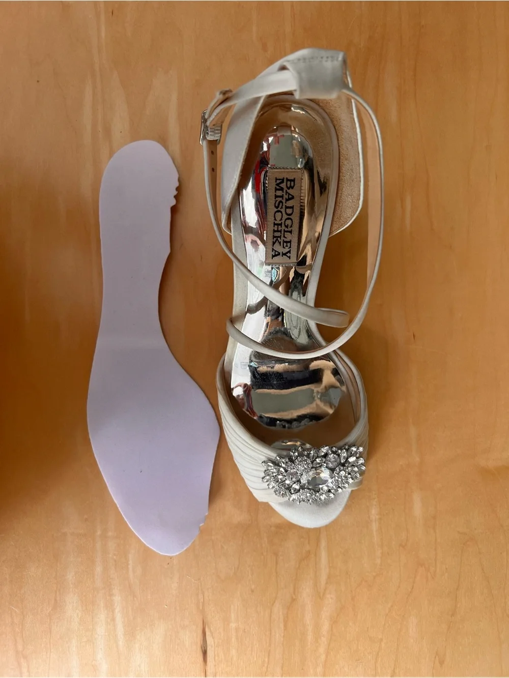 Badgley Mischka White Satin Crystal-Embellished Wedge Sandals